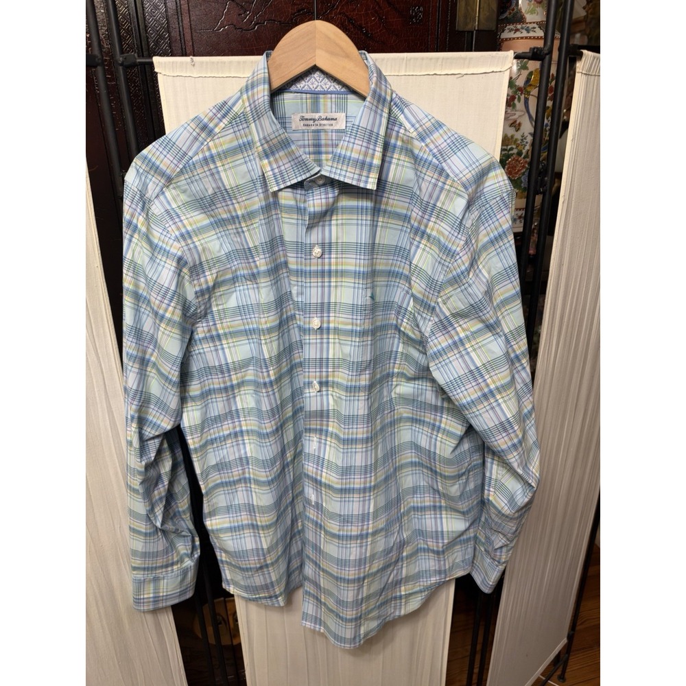 Tommy Bahama Sarasota Stretch Men's Large Blue Multicolor Plaid Flip Cuff Shirt